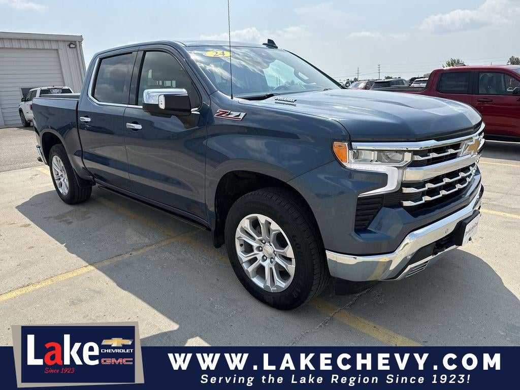 2024 Chevrolet Silverado 1500 LTZ in Lakeshore Blue Metallic — front three-quarter view