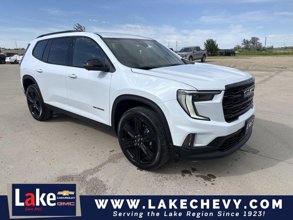 2026 GMC Acadia Elevation in Glacier White Tricoat — front three-quarter view