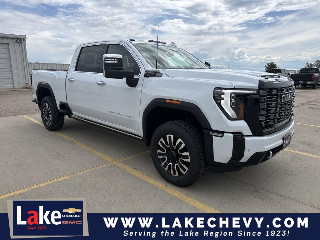 2026 GMC Sierra 3500 HD Denali Ultimate in Glacier White Tricoat — front three-quarter view